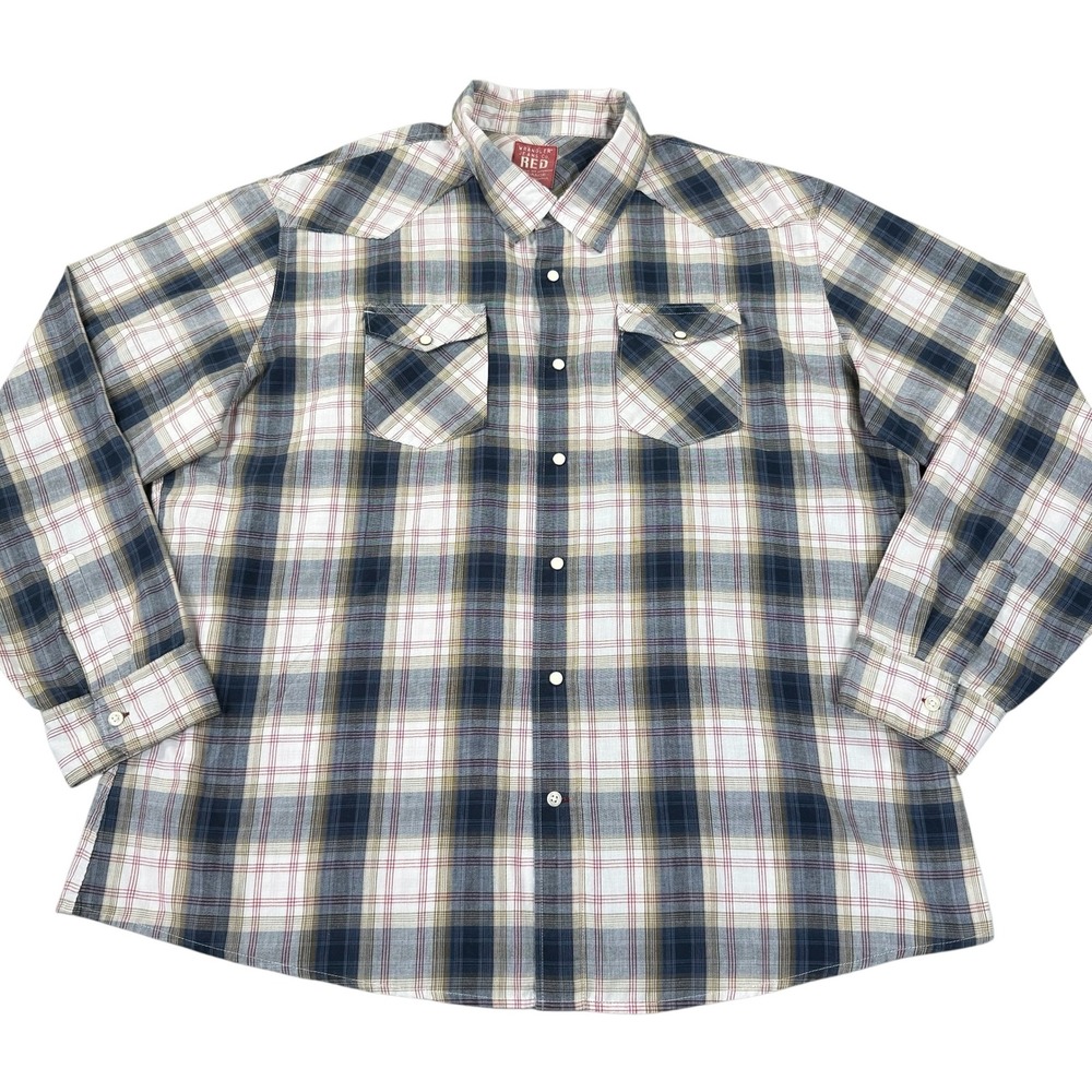 Wrangler RED Western Shirt Mens 3XL Plaid Pearl Snap Long Sleeve Cowboy Rodeo